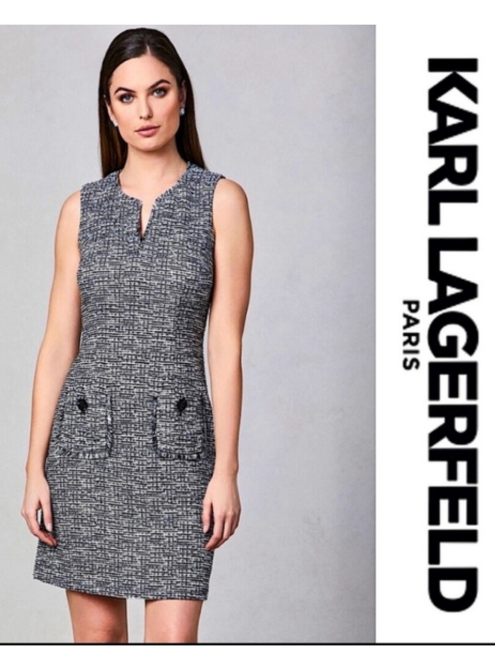 Karl Lagerfeld Black & White Tweed Pocket Shift Dress size 6 vneck Fringe zipper